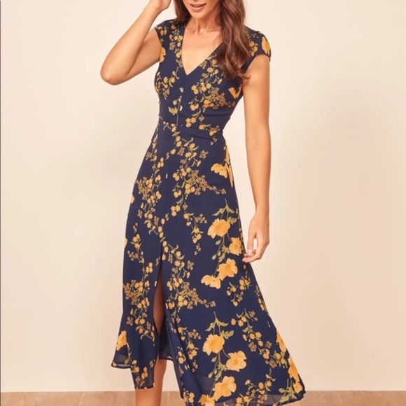 Reformation Floral Midi Dress in Navy and Yellow - Picture 2 of 8